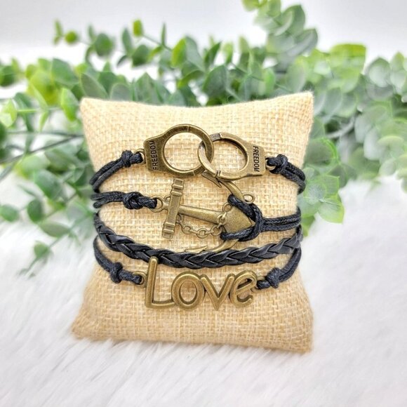 3/$20 Inspirational Black Stack Bracelet Love Anchor Freedom Hand Cuff - Picture 2 of 10